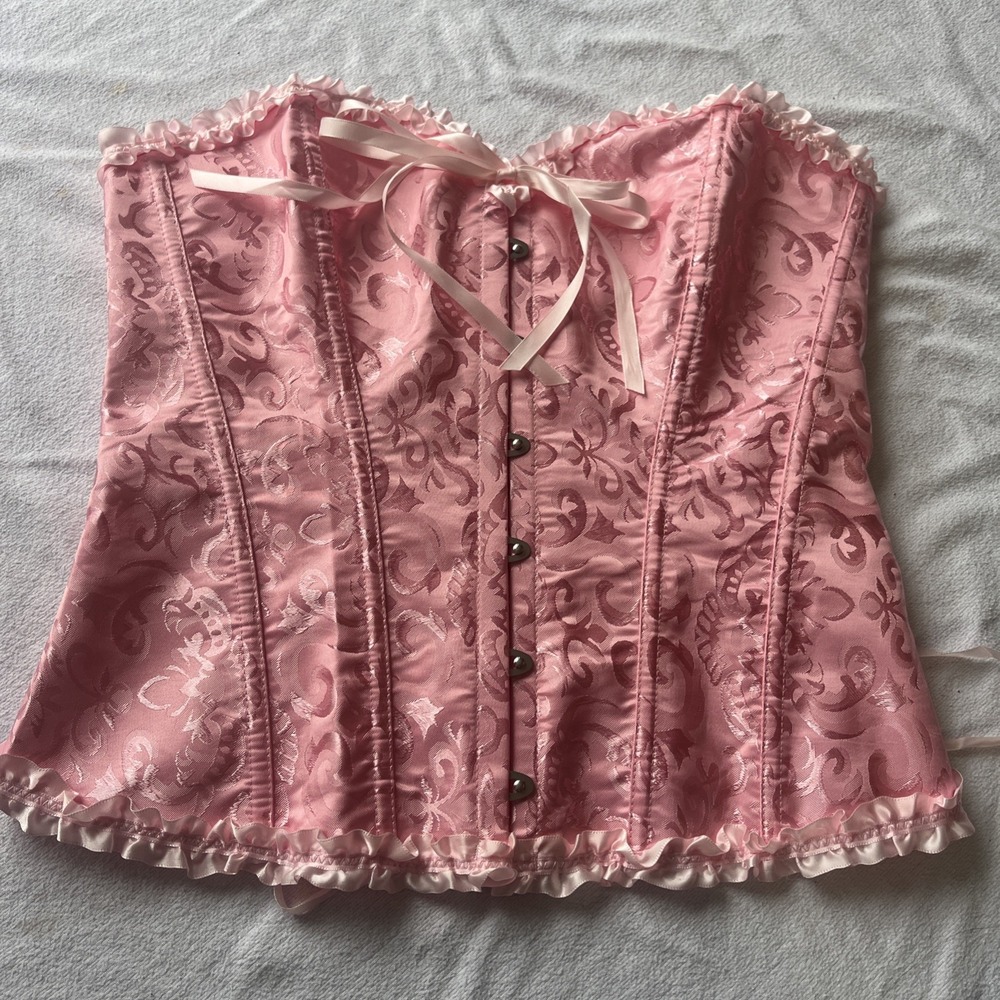 Women's Pink Floral Boned Corset Top, Hook & Eye Closure, Ruffle Accents, Large